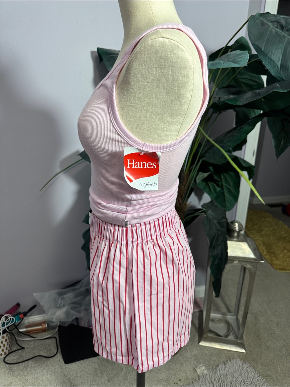 NWT XS Hanes Lounge/PJ Set Pink Ribbed Tank with Pink/Red Striped